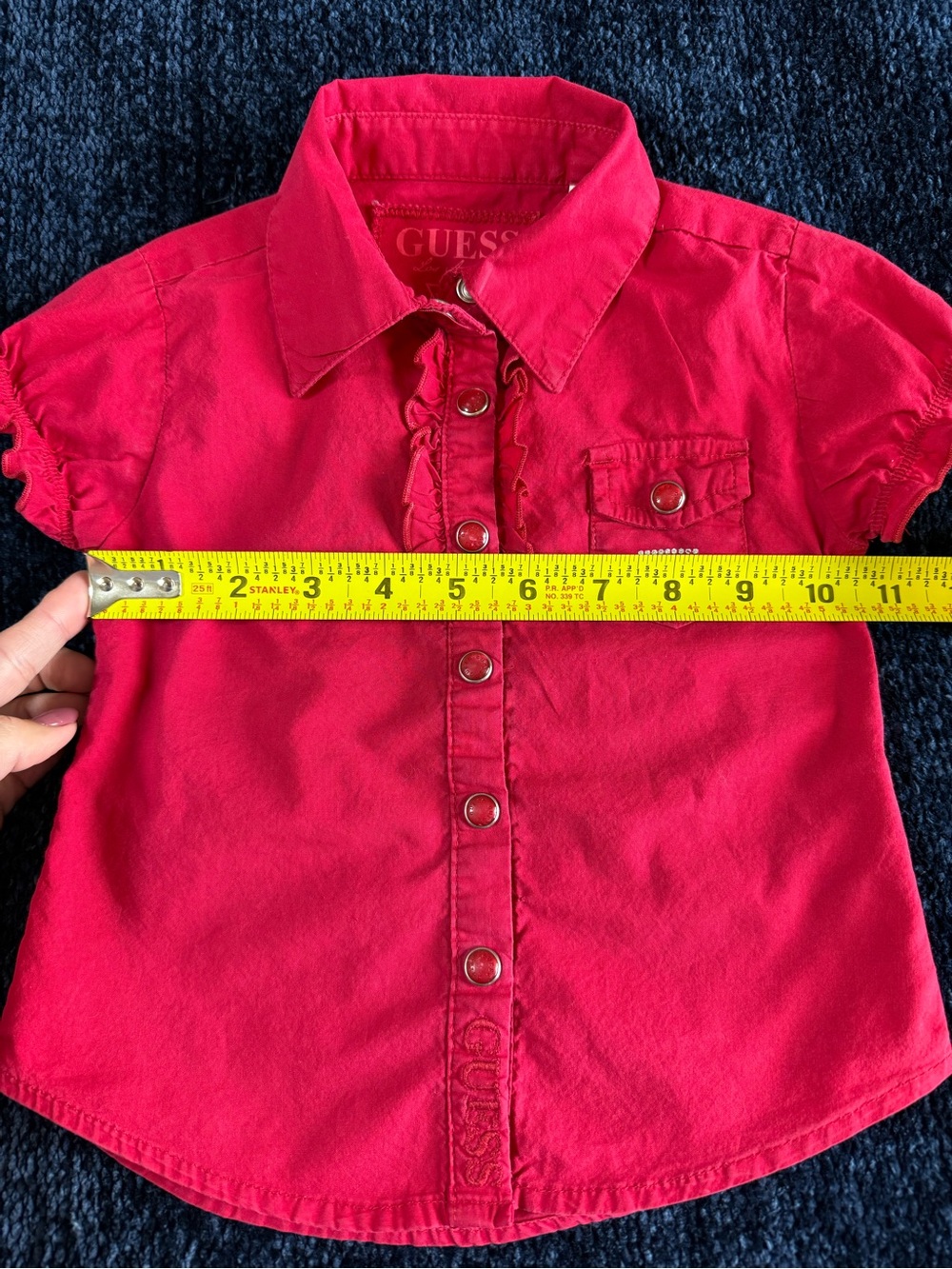 GUESS Girls Red Ruffle Button Down Shirt Rhinestone Logo Size 3T - Picture 6 of 8